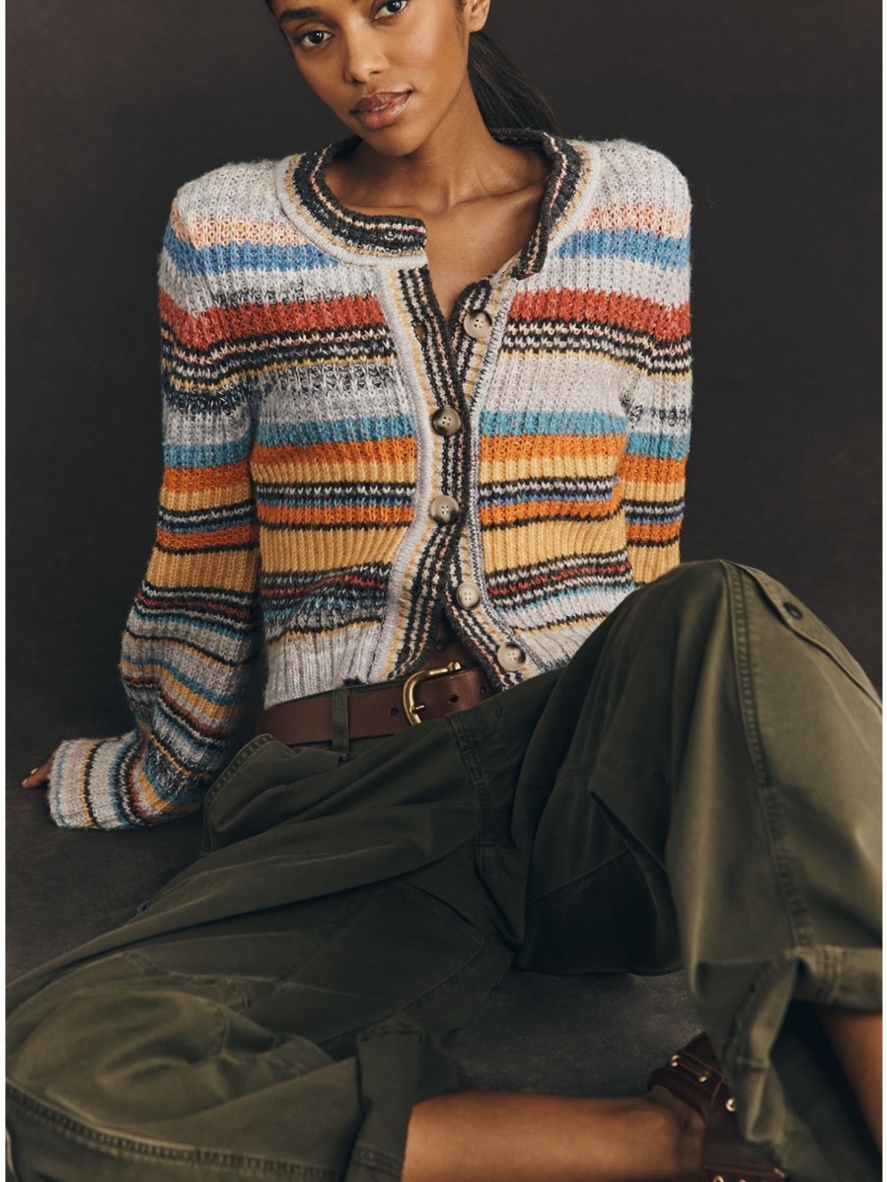 Pilcro Ribbed Multi Stripe Cardigan Sweater